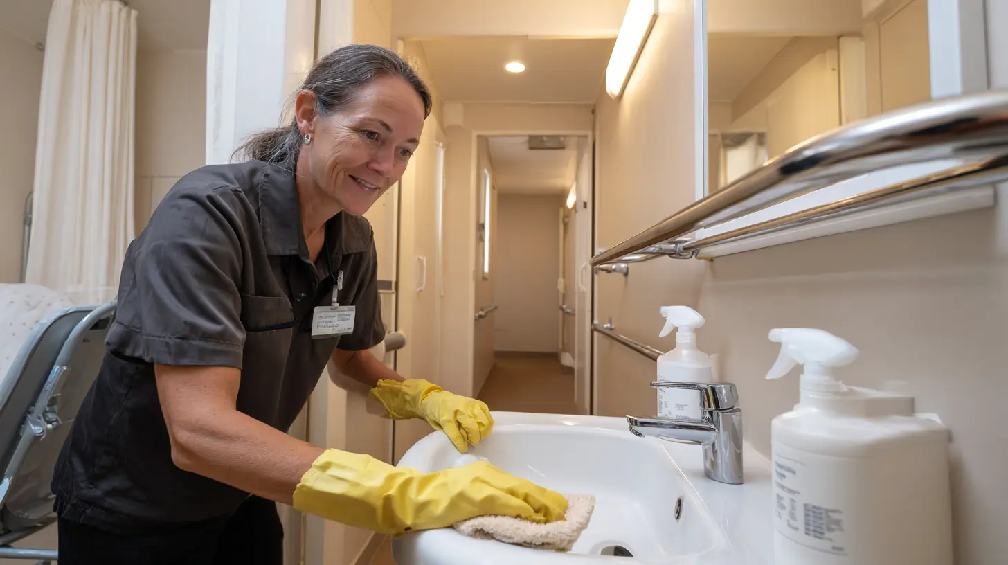 Professional cleaner wearing gloves scrubbing a sink in an aged care resident bathroom with grab rails visible