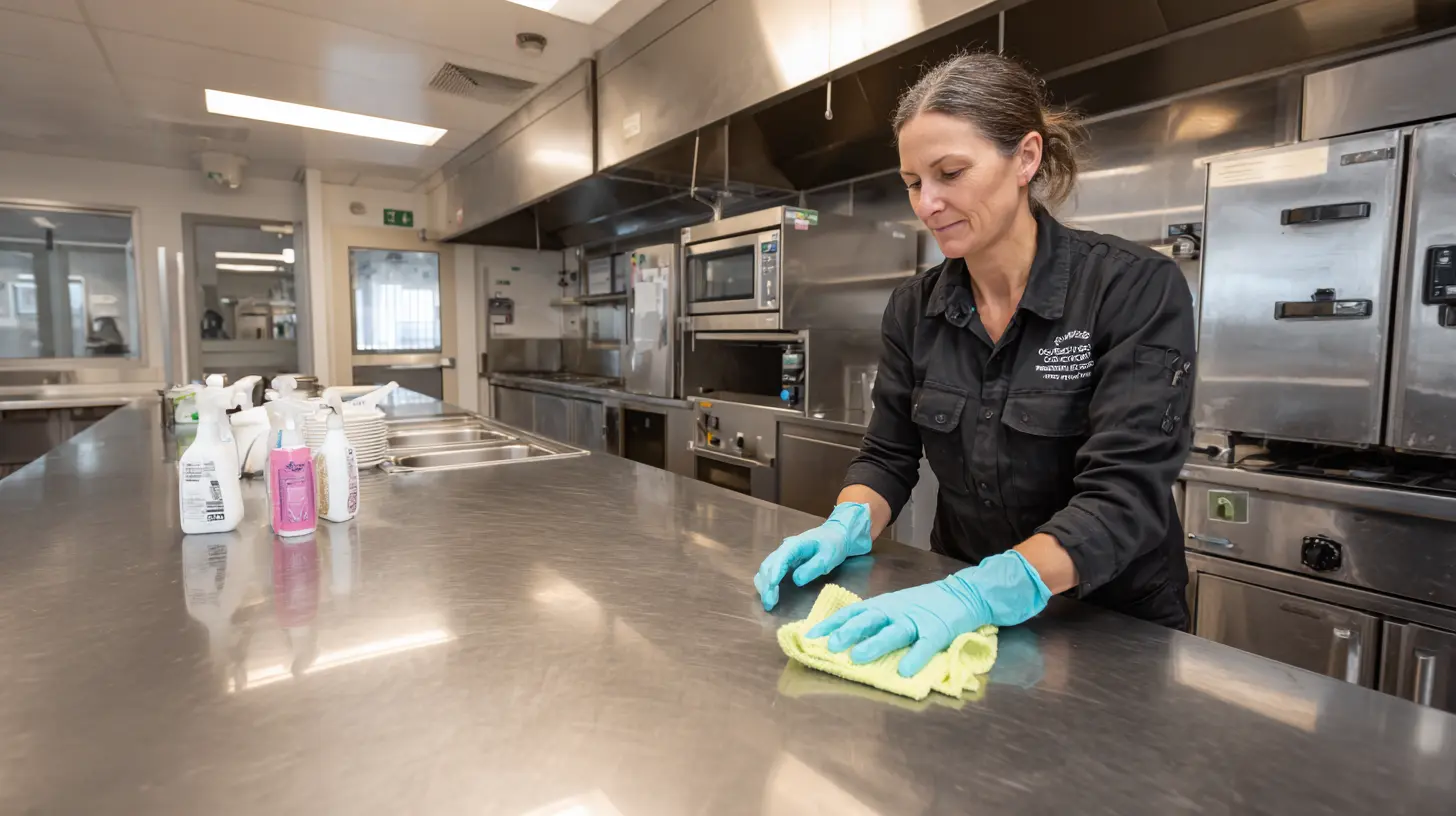 Professional cleaner wearing gloves wiping down a stainless steel bench in an aged care facility kitchen