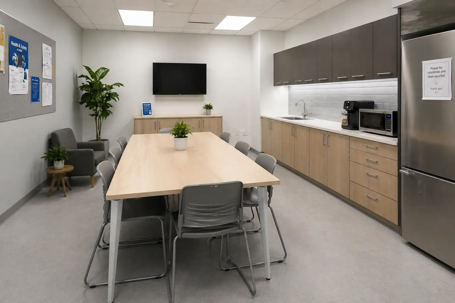 Clean and tidy aged care facility staff room with kitchenette and dining area